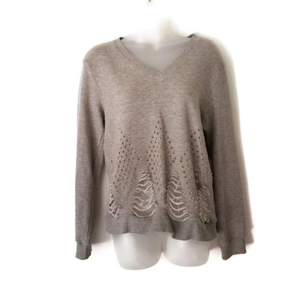 Pepin Distressed Ripped Gray Pop Over Sweatshirt womens small